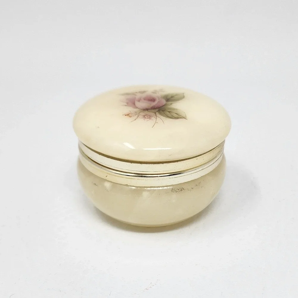 Vintage Alabaster Trinket Box Hand Painted Pink Rose Hinged Round Made in Italy
